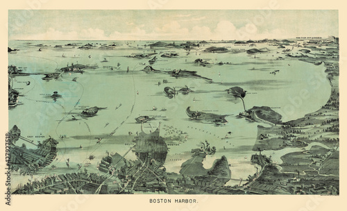 Vintage Bird's eye view pictorial map of Boston Harbor 1897. Shows the port of Boston and nearby islands including steamship routes. Restored reproduction.