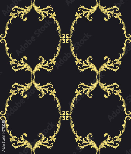 Vintage seamless pattern of golden swirls. Vector print. Classic decorative element on a black background.