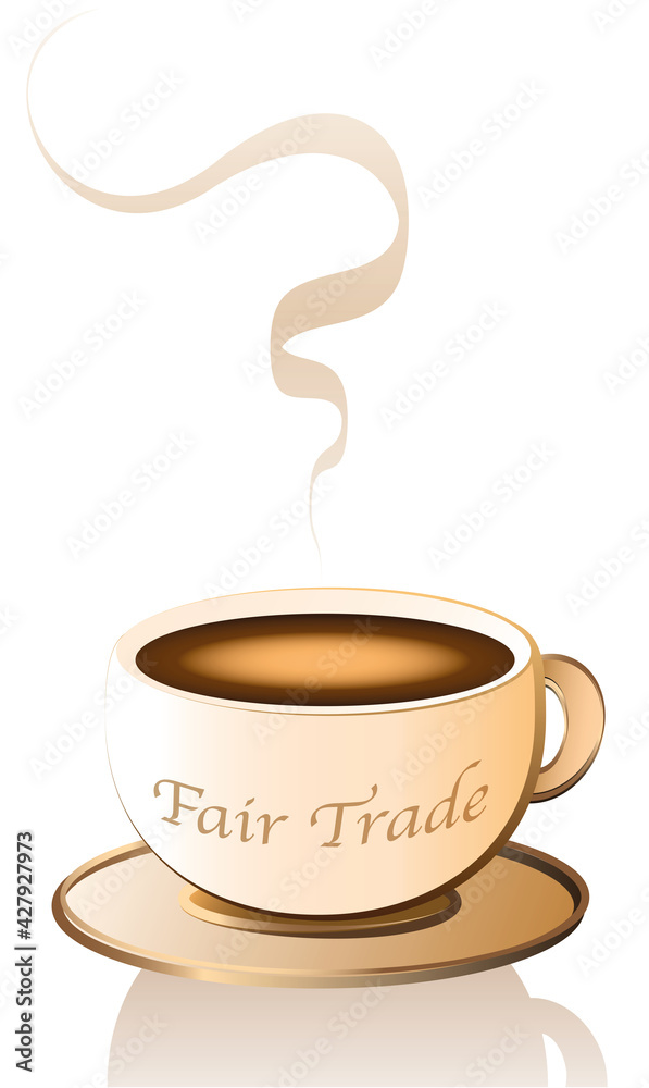 Obraz premium Fair trade written on a coffee cup with aroma. Isolated vector illustration on white backgrond. 