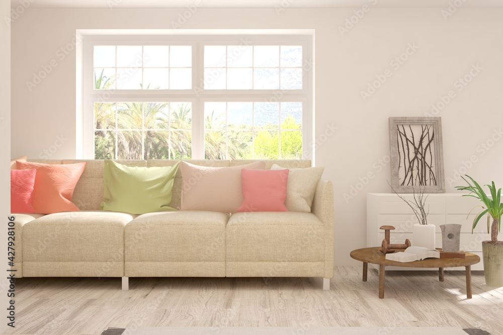 Fototapeta premium Soft color living room with sofa. Scandinavian interior design. 3D illustration