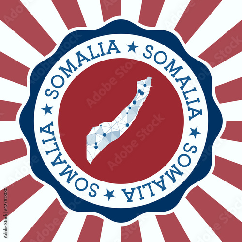 Somalia Badge. Round logo of country with triangular mesh map and radial rays. EPS10 Vector.