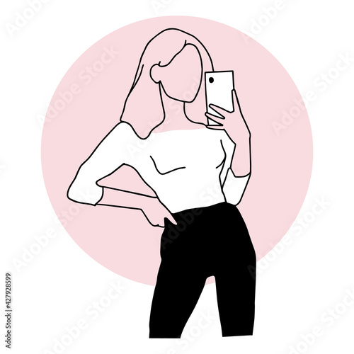 A beautiful girl makes a selfie in the mirror. Stylish clothes and hairstyle, model pose. Outline drawn silhouettes, sketch. Lines, spots, abstract background. Modern vector illustration, minimalism.