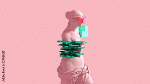 3D Glitch Of Venus De Milo On Pink Background. Concept Of NFT Technology. 3D Animation. 4K. Ultra High Definition. photo