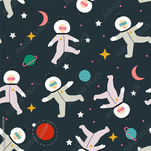 Funny cartoon vector cosmos pattern design with little astronauts, stars and planets. Cute childish texture  in hand-drawn style.
