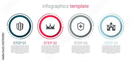 Set Shield, King crown, and Castle, fortress. Business infographic template. Vector