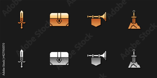 Set Medieval sword, Antique treasure chest, Trumpet with flag and Sword in the stone icon. Vector