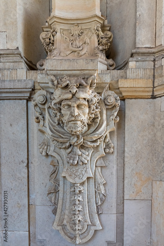Wall sculpture, architectural detail in the Zwinger, a palatial complex in the baroque style in Dresden, Germany