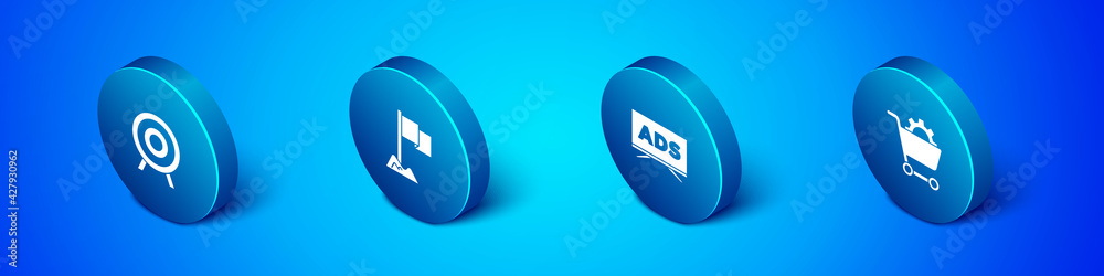 Set Isometric Target sport, Advertising, Shopping cart and Location marker icon. Vector Set Isometric Target sport, Advertising, Shopping cart and Location marker icon. Vector