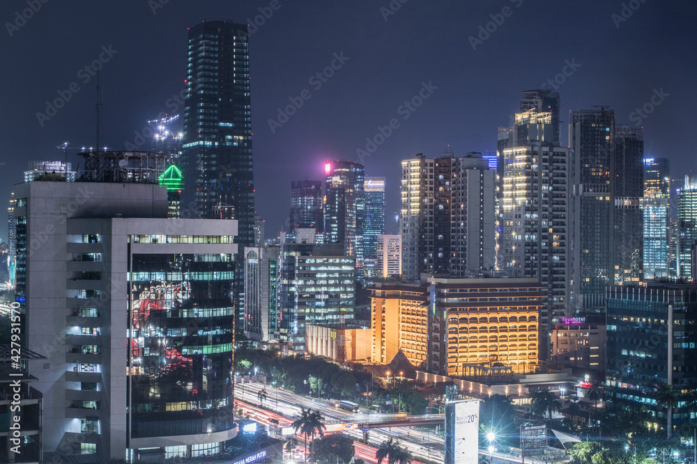 Jakarta, Indonesia – October 27, 2016: A night view cityscape of Indonesia capital city Jakarta