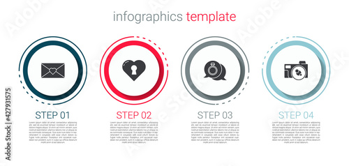 Set Envelope with Valentine heart, Heart keyhole, Diamond engagement ring and Photo camera. Business infographic template. Vector