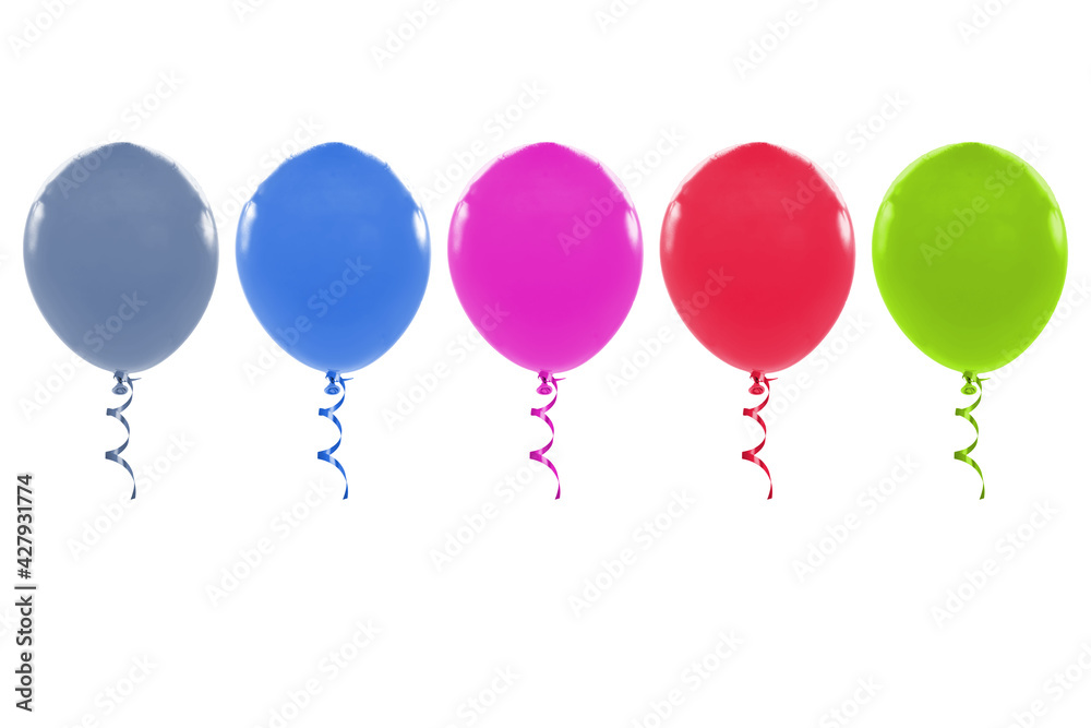Viele bunte Luftballons mit Band auf weißen Hintergrund Viele bunte Luftballons mit Band auf weißen Hintergrund