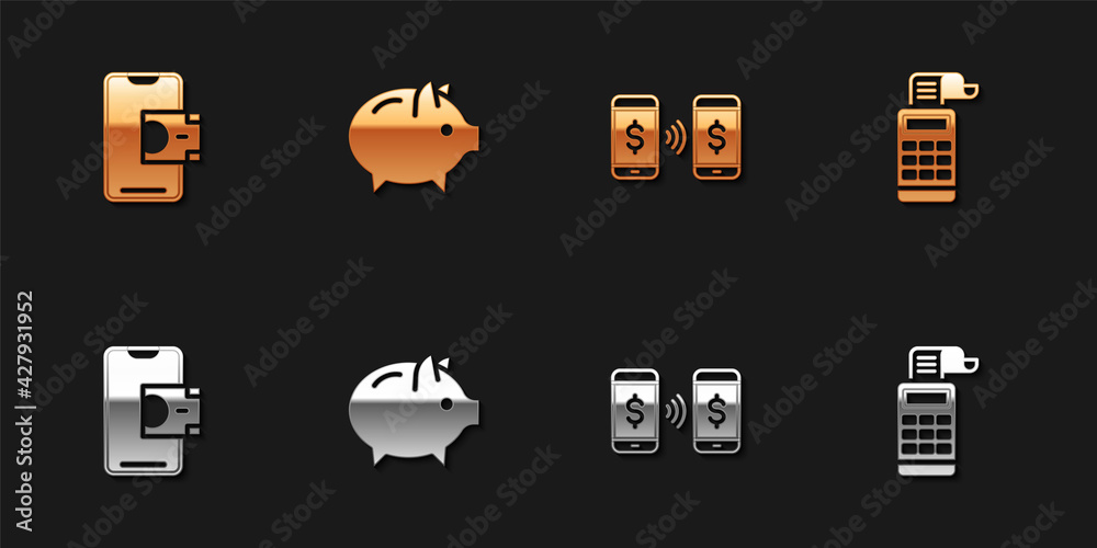 Set Mobile banking, Piggy, Money payment transfer and Cash register machine icon. Vector Set Mobile banking, Piggy, Money payment transfer and Cash register machine icon. Vector