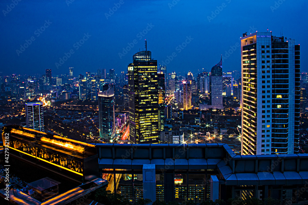Jakarta, Indonesia – June 16:2014: A night view cityscape of Indonesia capital city Jakarta