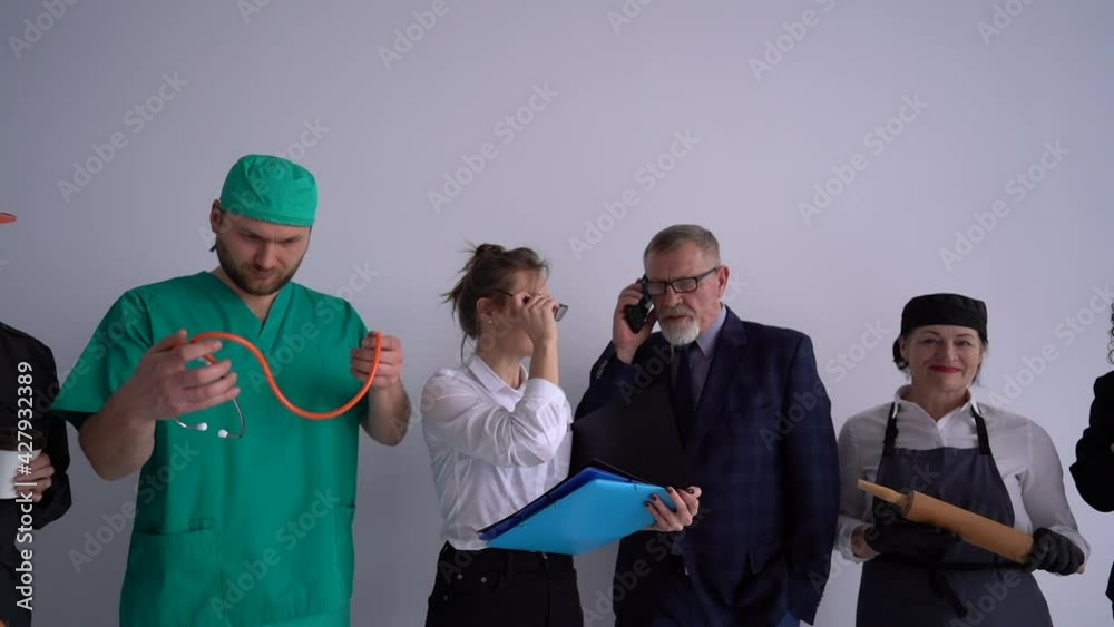 Labor day concept. Various professions and occupations, builder, doctor, secretary, lawyer, cook, consultant. Six people in uniforms of different professions Labor day concept. Various professions and occupations, builder, doctor, secretary, lawyer, cook, consultant. Six people in uniforms of different professions