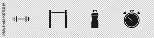Set Barbell, Horizontal bar, Fitness shaker and Stopwatch icon. Vector