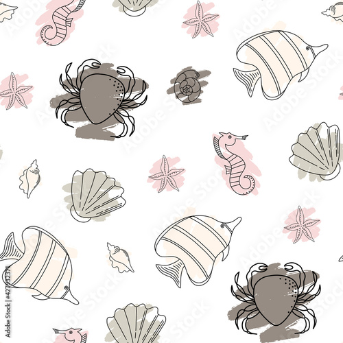 Seamless pattern with seashells, corals and starfish, fish, crab. Vector illustration.