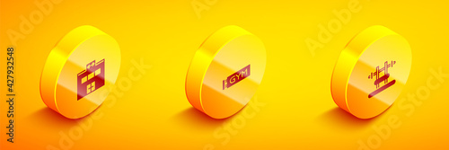 Set Isometric Gym building, Location gym and Bench with barbel icon. Vector