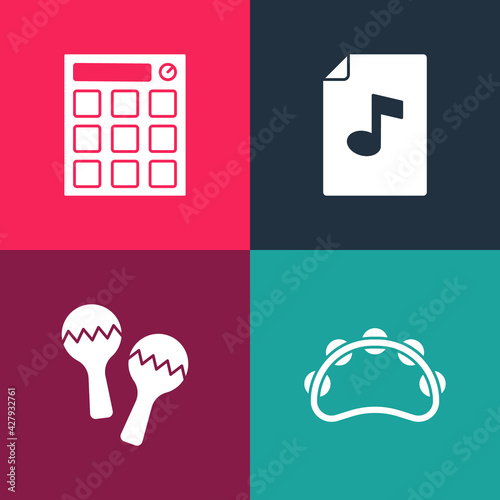 Set pop art Tambourine, Maracas, Music book with note and Drum machine icon. Vector