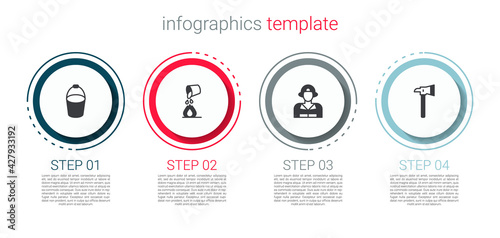 Set Fire bucket, Bucket extinguishing fire, Firefighter and axe. Business infographic template. Vector