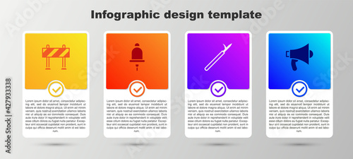 Set Road barrier, Ringing alarm bell, Metal pike pole and Megaphone. Business infographic template. Vector