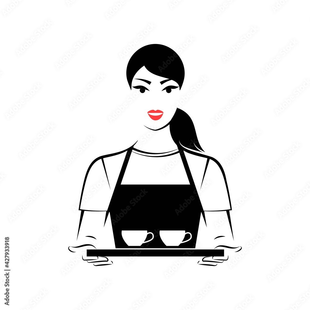 Waitress holding a tray with two cups of coffee or tea Waitress holding a tray with two cups of coffee or tea