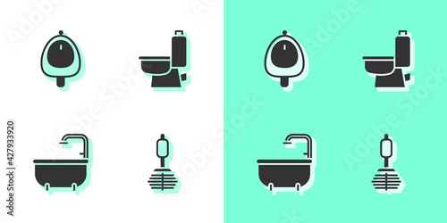 Set Toilet brush, urinal or pissoir, Bathtub and bowl icon. Vector