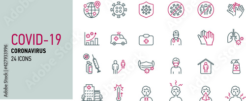 Coronavirus COVID-19 associated with respiratory pneumonia pandemic vector icons. Icons symptoms, transmission, prevention, treatment, virus, contagious, infection 2019-nCoV
