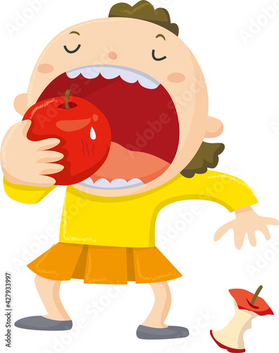 Vector illustration of a girl eating an apple with her mouth wide open