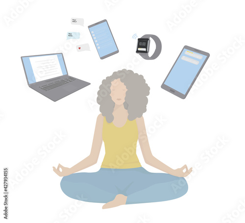 Digital detox concept. Refrains from using digital devices such as smartphones, computers, and social media. The girl meditates ignoring technological devices. Isolated vector illustration.