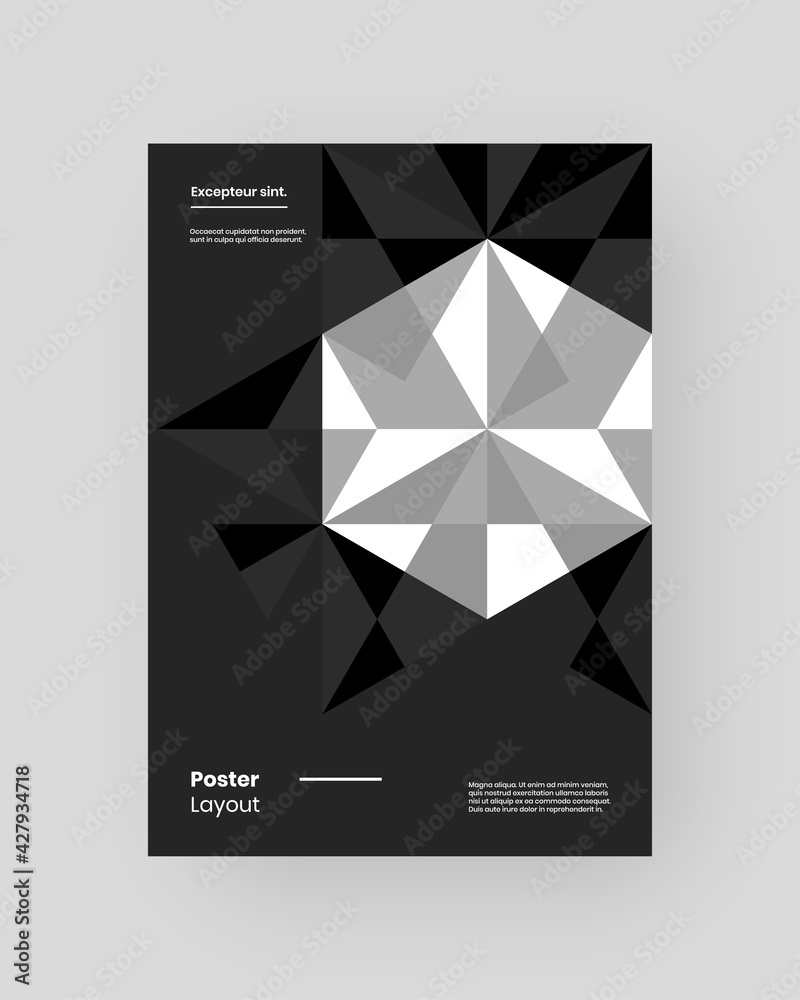 Fototapeta premium Abstract Placard, Poster, Flyer, Banner Design. Black and white illustration on vertical A4 format. Flat and geometric shapes. Decorative ornament backdrop.