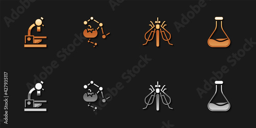 Set Microscope, Genetically modified food, Experimental insect and Test tube and flask icon. Vector