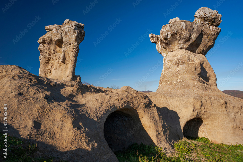 Campana, Cosenza district, Calabria, Italy, Europe, the Stone Giants of Incavallicata, rock formations depicting an elephant and a warrior