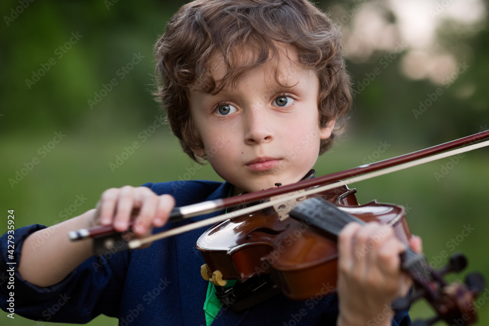 Curly-haired talented boy plays the violin in nature at sunset Curly-haired talented boy plays the violin in nature at sunset