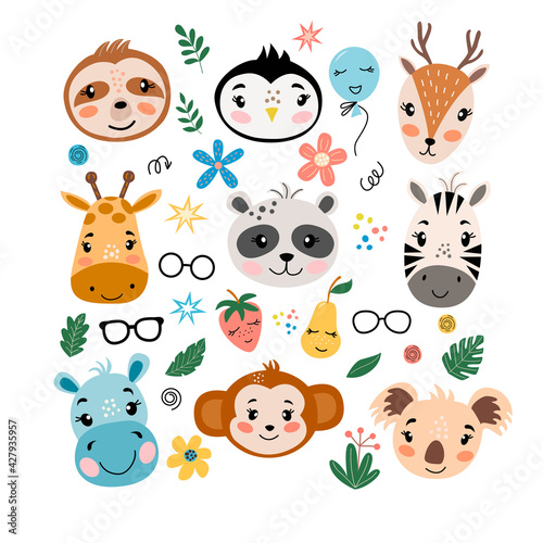 Set of cute cartoon faces of animals, fruits, flowers, leaves in vector graphics, on a white background. For the design of posters, notebook covers, prints for t-shirts, mugs