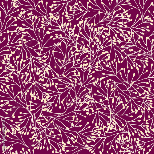 Seamless nature plants background purple burgundy maroon white beige hand drawn branches. Contour wild grass floral repeating abstract pattern texture for fabric, wallpaper. Surface pattern design. 