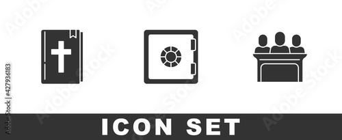Set Holy bible book, Safe and Jurors icon. Vector
