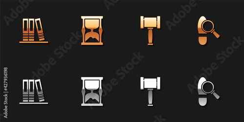 Set Office folders, Old hourglass, Judge gavel and Footsteps icon. Vector
