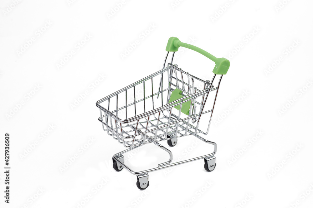 empty small toy grocery cart from supermarket isolated on white background