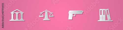 Set paper cut Courthouse building, Scales of justice, Pistol or gun and Office folders icon. Paper art style. Vector