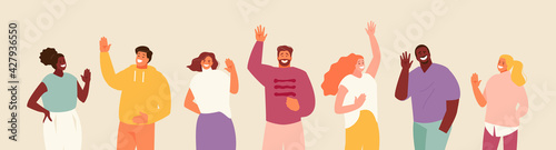 Group of friendly people talking hello. Welcome gestures welcome vector illustration photo