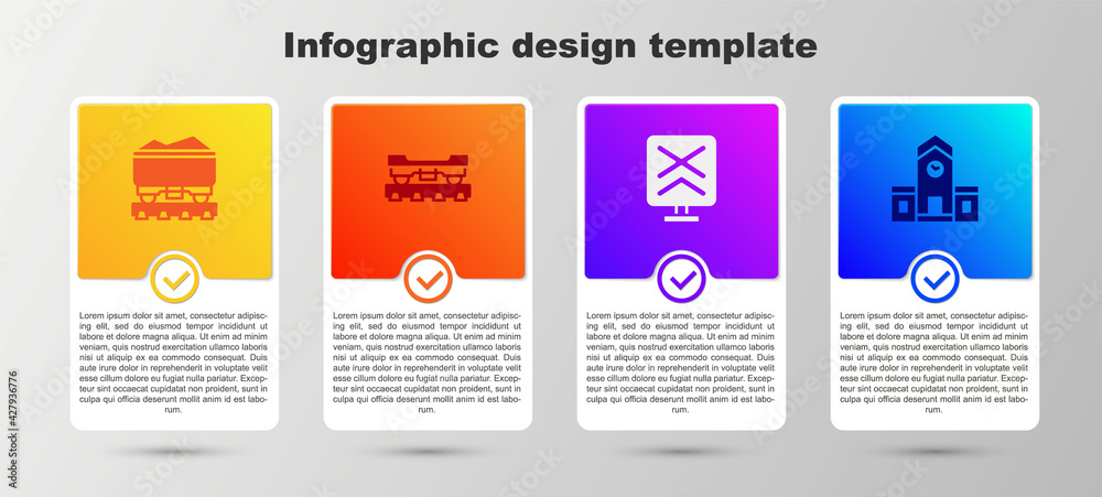 Set Coal train wagon, Cargo, Railroad crossing and Railway station. Business infographic template. Vector Set Coal train wagon, Cargo, Railroad crossing and Railway station. Business infographic template. Vector