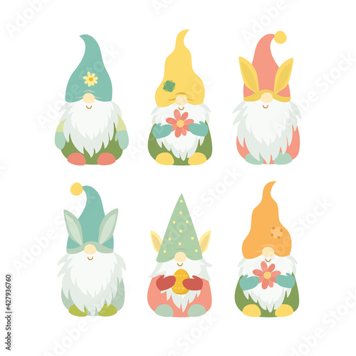 set of spring easter gnomes. cute gnome characters in bright colors, easter eggs and cakes