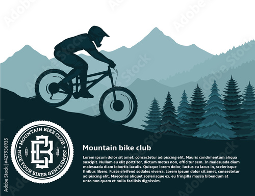 Fotobehang Vector mountain biking illustration with a cyclist, mountains and pines