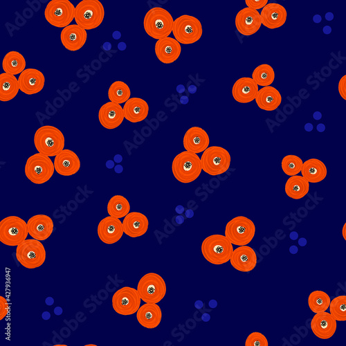 Floral seamless pattern red blue. Hand painted oil acrylic paint abstract round flowers background. Repeating surface pattern design tile for fabric, fashion, wallpaper, packaging. High resolution.