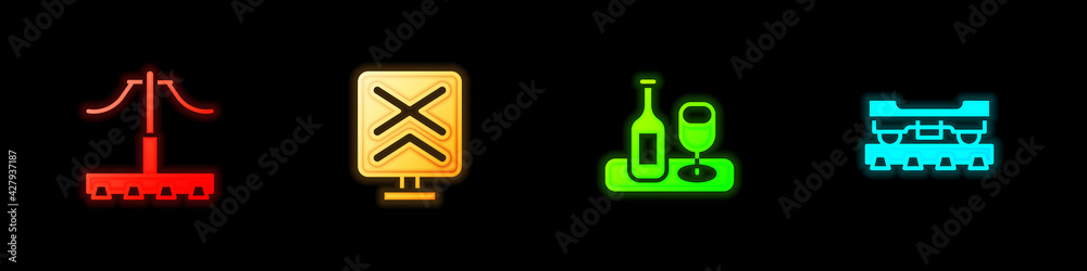 Set Railway, Railroad crossing, Wine bottle with glass and Cargo train wagon icon. Vector Set Railway, Railroad crossing, Wine bottle with glass and Cargo train wagon icon. Vector