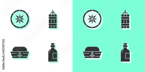 Set Alcohol drink Rum, Compass, Sailor hat and Dynamite bomb icon. Vector photo