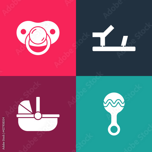 Set pop art Rattle baby toy, Baby stroller, shoes and dummy pacifier icon. Vector