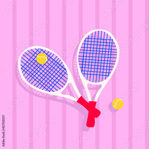 Hand-drawn summer illustration, tennis, surfboard and marine lifebuoy. Trendy isolated elements on a pink background. 