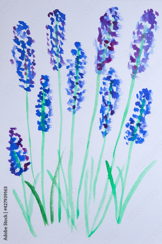 Watercolor painting vibrant color lavender flower branch with leaf on white paper