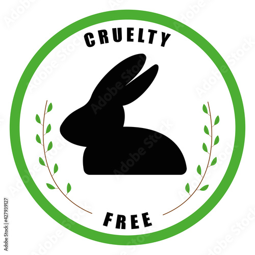 Illustration of rabbit silhouette with branches with leaves around it and the word cruelty free, inside a green circle.